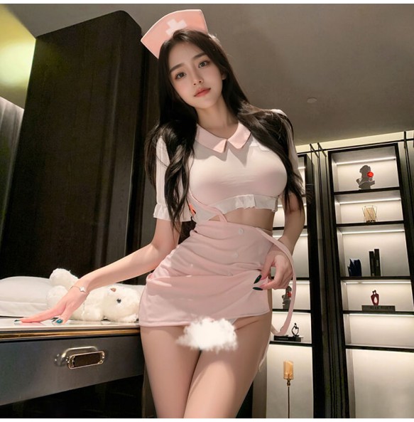 FEE ET MOI - See-Through Mesh Strappy Sweet Nurse Costume (Pink - White)